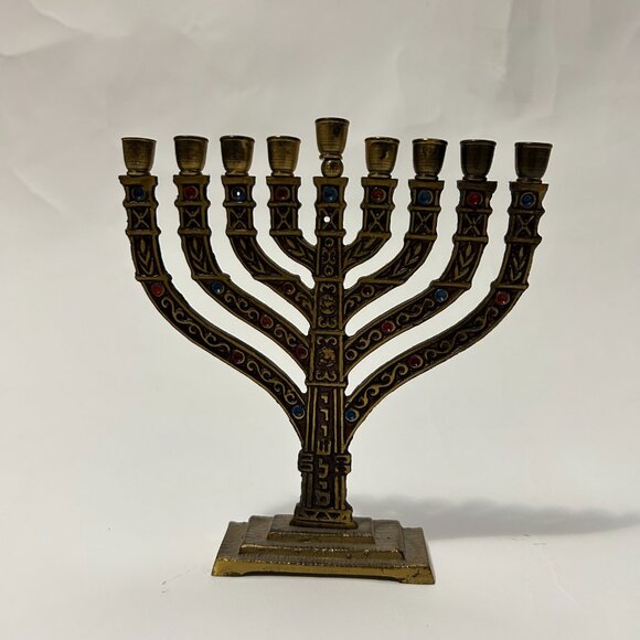 Vintage 1960s Israeli Brass Enamel Menorah-9 Branch Jerusalem Judaica-Ha 6.5"H - Picture 2 of 15